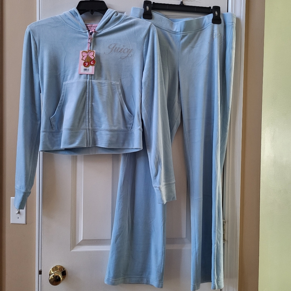 Juicy Couture Velour Frosted Blue Tracksuit 2 Pc Set Hoodie & Pants Size L